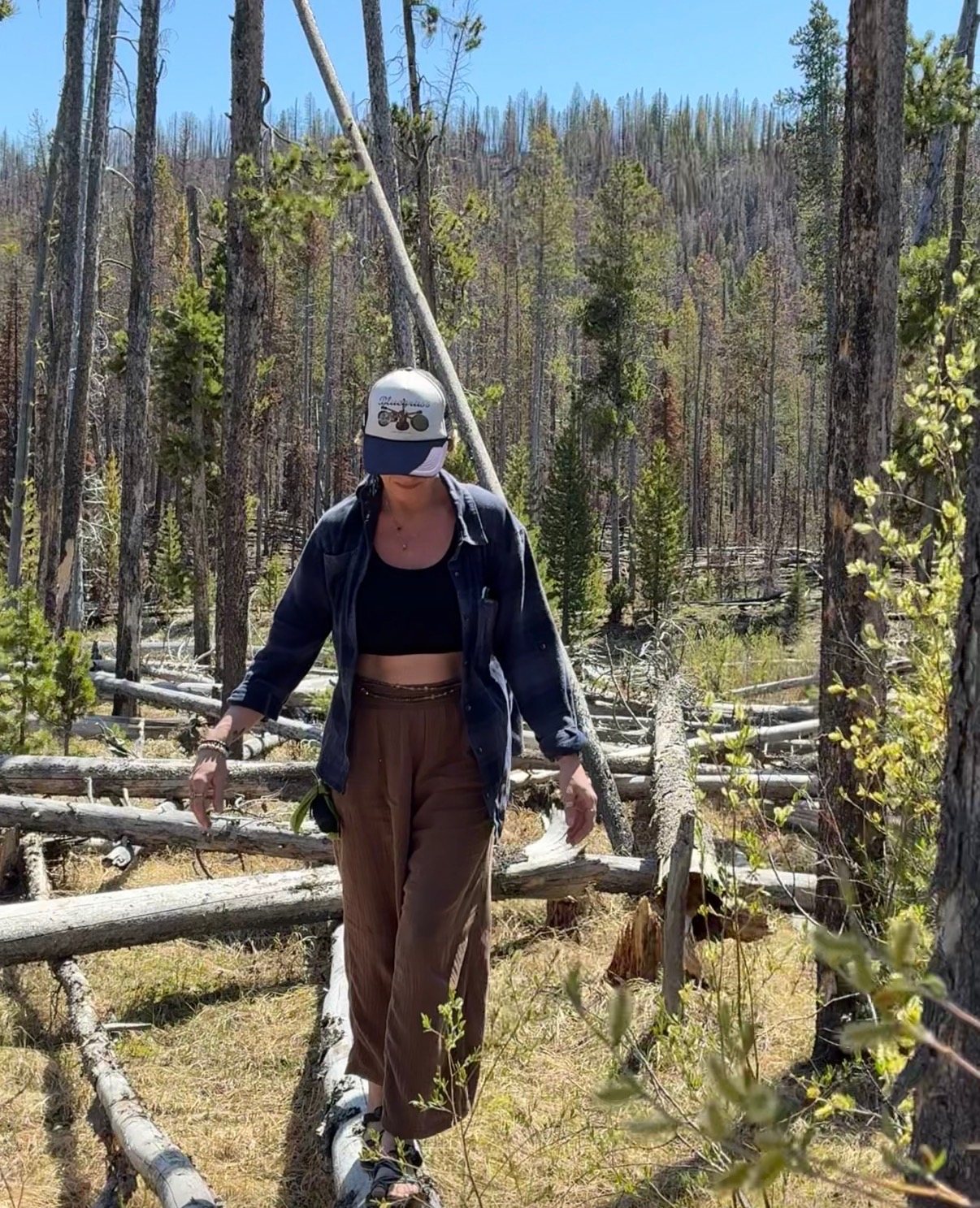 Chasta walking through a sunlit forest as part of The Mortar & Mage Reiki and botanical care practice