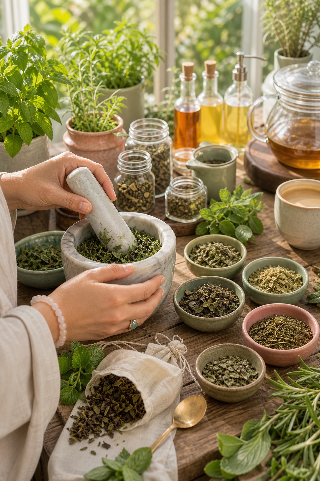 Hands blending herbs with a mortar and pestle for The Mortar & Mage botanical experiences